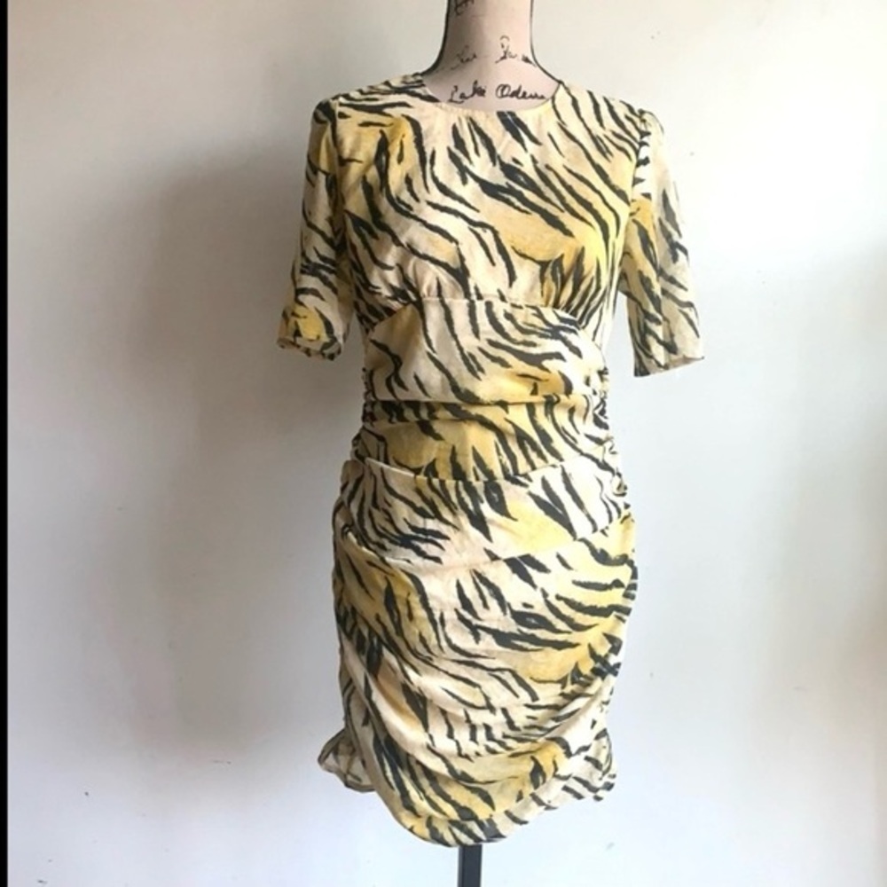 ASOS Tiger Print Ruched Yellow Black Dress Sz 8 NWT